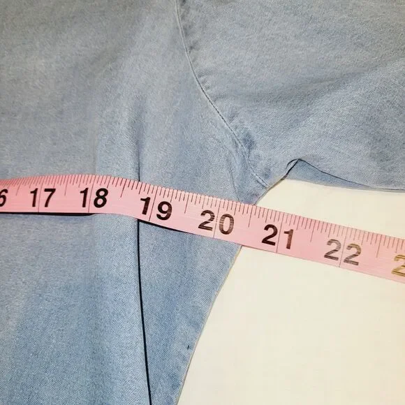 1511 Inc Top Woman XLarge Blue Chambray Fitted Tie Sleeve V-Neck Casual Boho Y2K - Picture 11 of 14